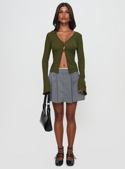 front view of model wearing Princess Polly Allona Long Sleeve Top Green Full Sleeves Plunger 