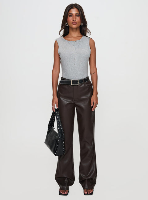 side view of model wearing Princess Polly Nolene Low Rise Pants Chocolate High Waisted Pants 