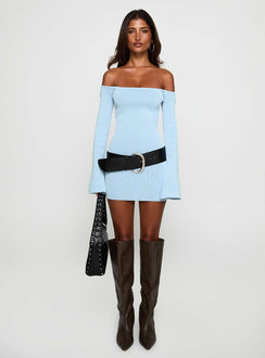 side view of model wearing Princess Polly Parisa Long Sleeve Mini Dress Blue Straight Neck 