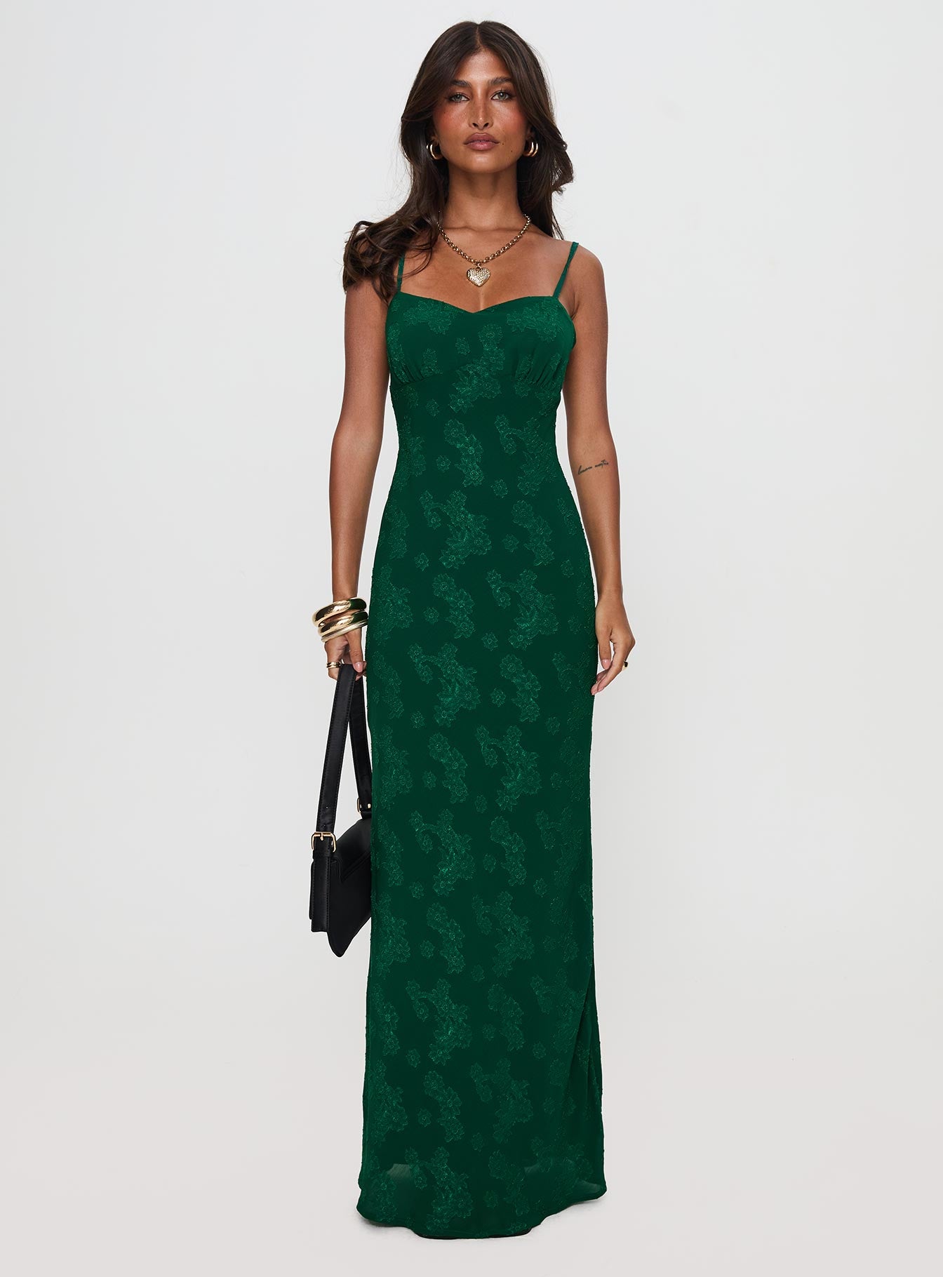 back view of model wearing Princess Polly Ginette Maxi Dress Forest Green Sweetheart Neckline 
