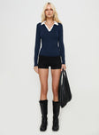 front view of model wearing Princess Polly Challenger Long Sleeve Top Navy Full Sleeves V-Neck 