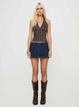 front view of model wearing Princess Polly Delfine Top Brown Stripe Sleeveless V-Neck 