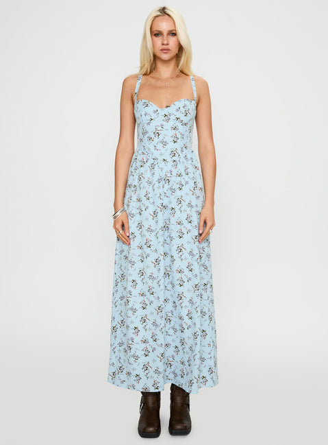 front view of model wearing Princess Polly Izebella Maxi Dress Blue Floral Sweetheart Neckline 