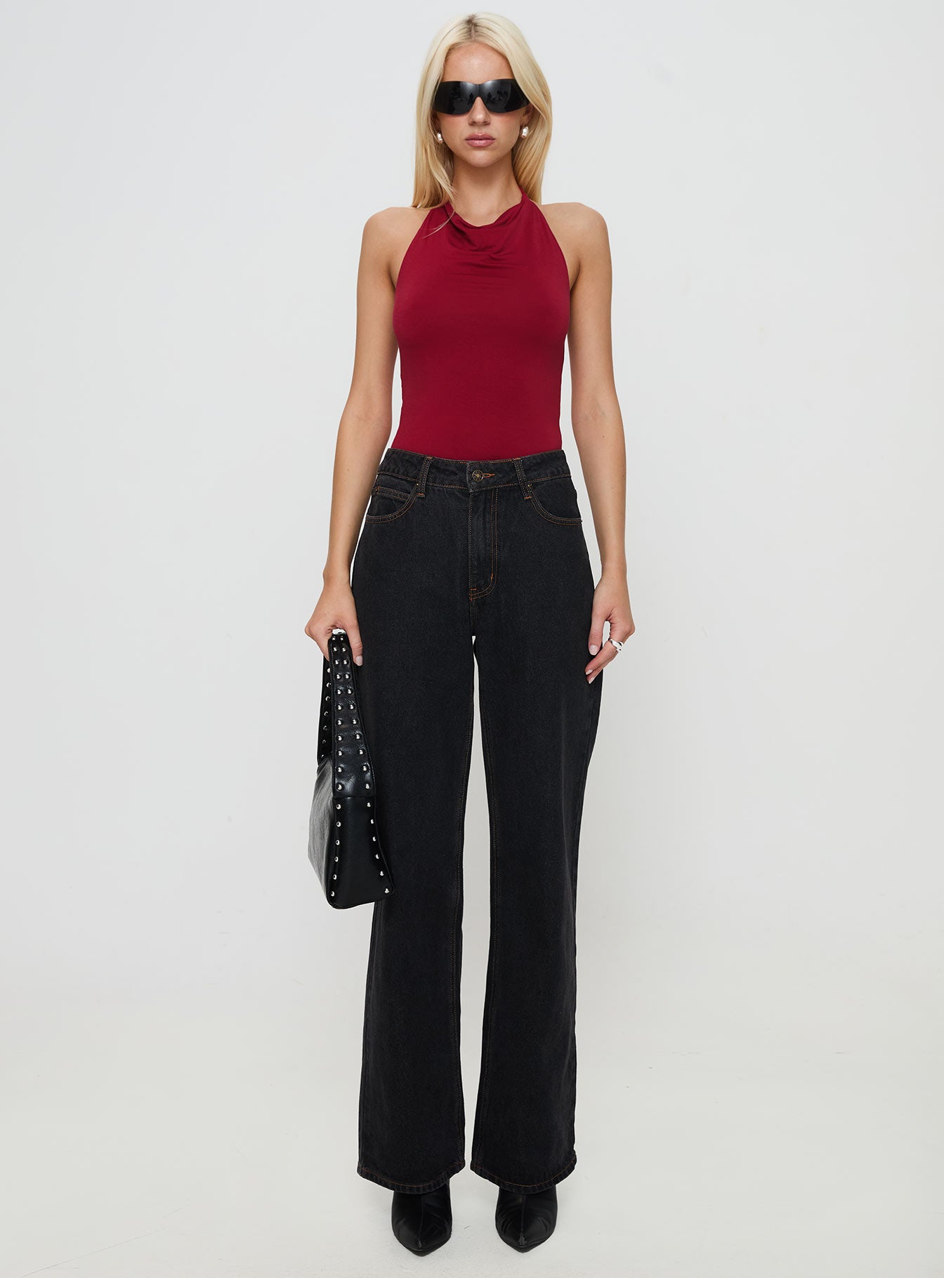 side view of model wearing Princess Polly Imposter Bodysuit Cherry Red Sleeveless Cowl 