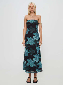 front view of model wearing Princess Polly Celik Maxi Dress Black / Blue Floral Straight Neck 