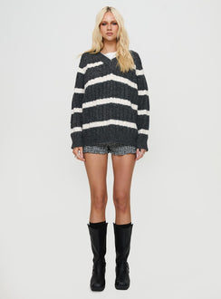 front view of model wearing Princess Polly Percivill Knit Sweater Grey / Cream Long 