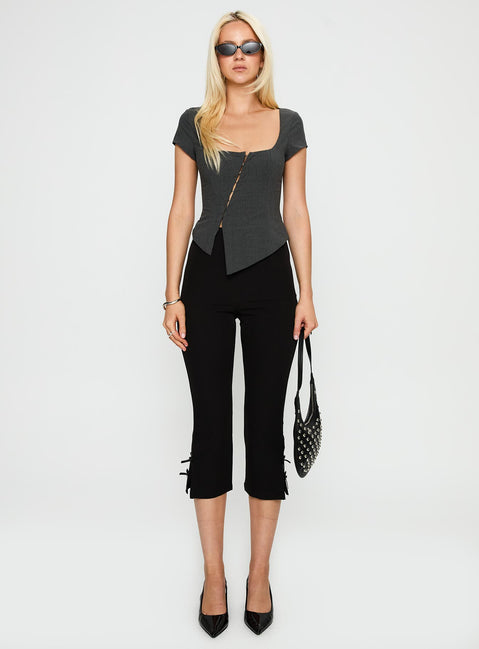 front view of model wearing Princess Polly Memory Bliss Asymmetrical Top Grey Short Sleeves Square Neck 