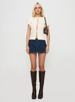 back view of model wearing Princess Polly Mari Knit Top Cream Short Sleeves Crew Neck 