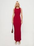 front view of model wearing Princess Polly Mayok Maxi Dress Burgundy Scoop Neck 