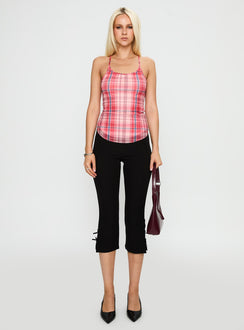 front view of model wearing Princess Polly Keep Talking Top Red Check Sleeveless Scoop Neck 