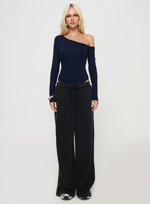 front view of model wearing Princess Polly Caylum One Shoulder Bodysuit Navy Long Sleeve Tops 