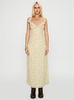 side view of model wearing Princess Polly Jayne Frill Maxi Dress Multi Plunger 