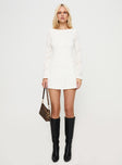 front view of model wearing Princess Polly Lukea Lace Long Sleeve Mini Dress Cream Boat Neck 