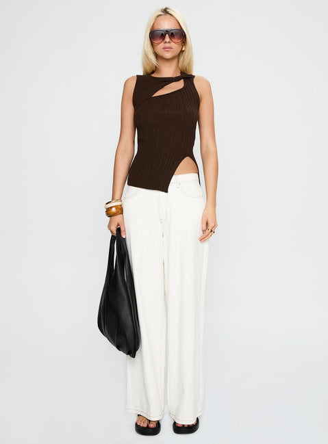 front view of model wearing Princess Polly Cash Out Twist Detail Top Chocolate Sleeveless High Neck 