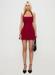 front view of model wearing Princess Polly Alyn Halter Mini Dress Wine Red Petite Square Neck 