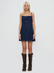 front view of model wearing Princess Polly Adria Denim Mini Dress Indigo Square Neck 