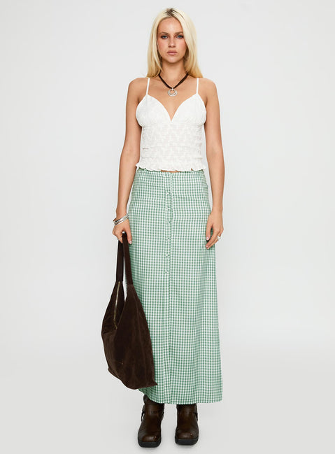   front view of model wearing Princess Polly Macadamia Maxi Skirt Green / White Maxi 