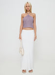 side view of model wearing Princess Polly Runaway Baby Top Purple Sleeveless Asymmetric Neckline 