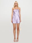 front view of model wearing Princess Polly Phillipa Mini Dress Lilac Straight Neck 