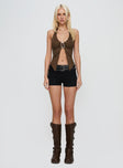 side view of model wearing Princess Polly Moderna Halter Lace Top Brown Sleeveless Plunger 