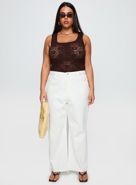 side view of model wearing Princess Polly Bennington Lace Top Brown Curve Sleeveless Square Neck 