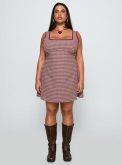 front view of model wearing Princess Polly Dasha Mini Dress Red Check Curve Square Neck 
