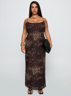front view of model wearing Princess Polly Knox Maxi Dress Leopard Curve Scoop Neck 