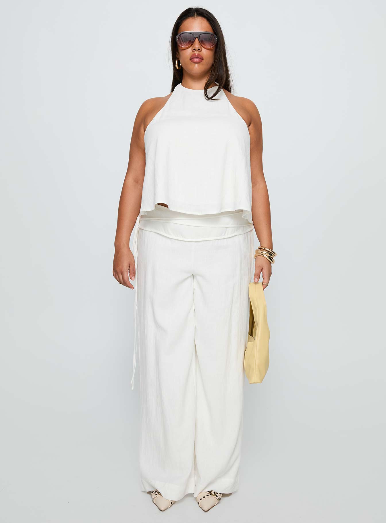 front view of model wearing Princess Polly Silver Moon Linen Blend Tie Pants White Curve High Waisted Pants 