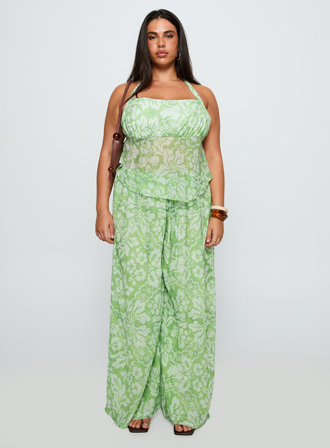 back view of model wearing Princess Polly Finesse Pants Green Floral Curve High Waisted Pants 