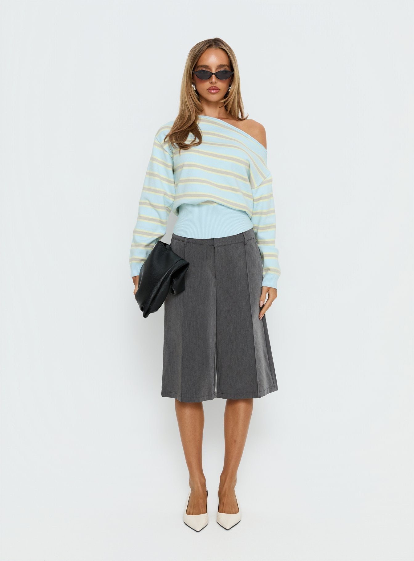Zinia Off Shoulder Knit Sweater Grey / Blue Stripe | Princess Polly