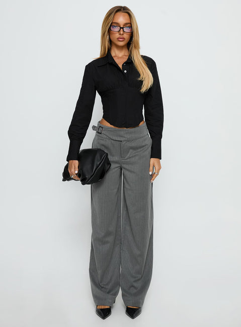front view of model wearing Princess Polly Jinny Relaxed Buckle Tailored Pants Grey Pinstripe Low Rise Pants 