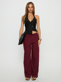 front view of model wearing Princess Polly Jaysa Baggy Wide Leg Pant Burgundy Pinstripe Mid Rise Pants 
