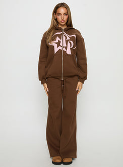 front view of model wearing Princess Polly Princess Polly Stargirl Wide Leg Sweat Pants Brown High Rise Pants 