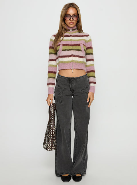 side view of model wearing Princess Polly Keeva Zip Through Knit Jumper Pink / Green Stripe cropped 