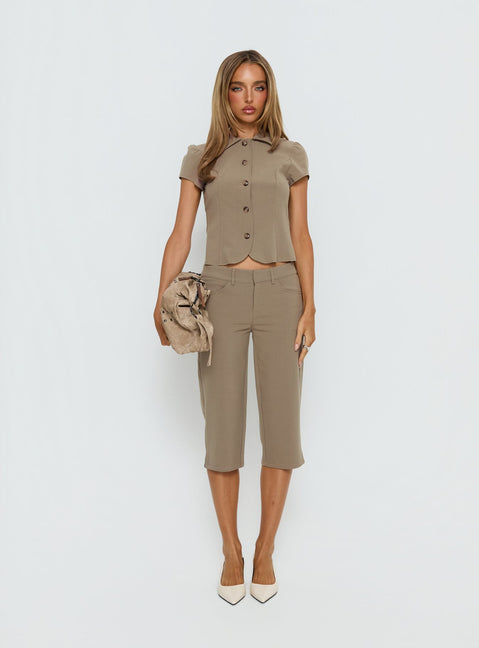 front view of model wearing Princess Polly Tunian Capri Tailored Pants Taupe Mid Rise Pants 