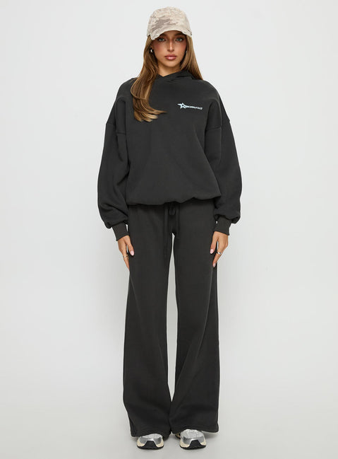 front view of model wearing Princess Polly Princess Polly Stargirl Wide Leg Sweat Pants Charcoal High Rise Pants 