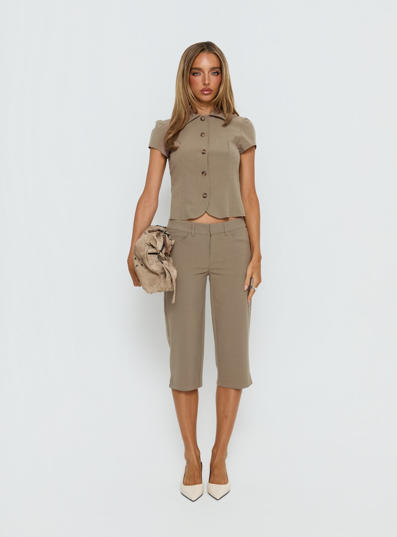 Maorah Button Up Tailored Collared Blouse Top Taupe