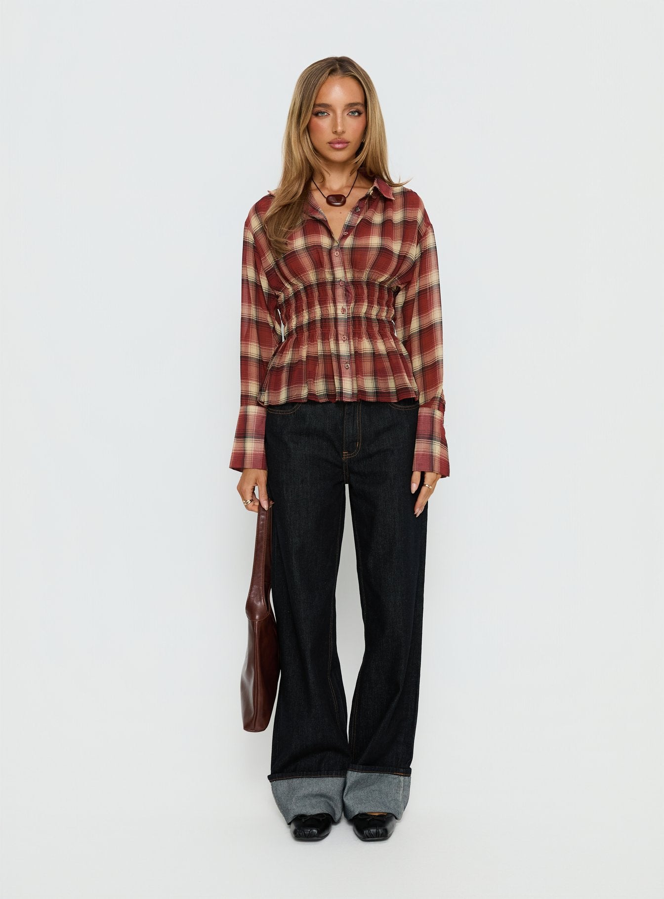 As You Are Shirred Button Up Top Red Check