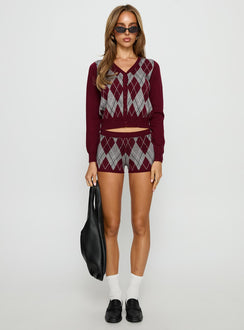 Raiven Knit Shorts Burgundy Argyle