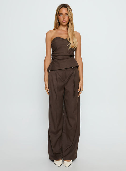 Keighly Strapless Draped Top Brown Pinstripe
