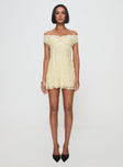 front view of model wearing Princess Polly Bonnin Off The Shoulder Lace Mini Dress Yellow 