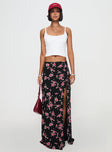   front view of model wearing Princess Polly Rhomana Maxi Skirt Black Floral Maxi 