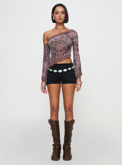 side view of model wearing Princess Polly Empty Space Top Leopard Full Sleeves Asymmetric Neckline 