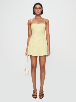 front view of model wearing Princess Polly South Of France Mini Dress Yellow Square Neck 