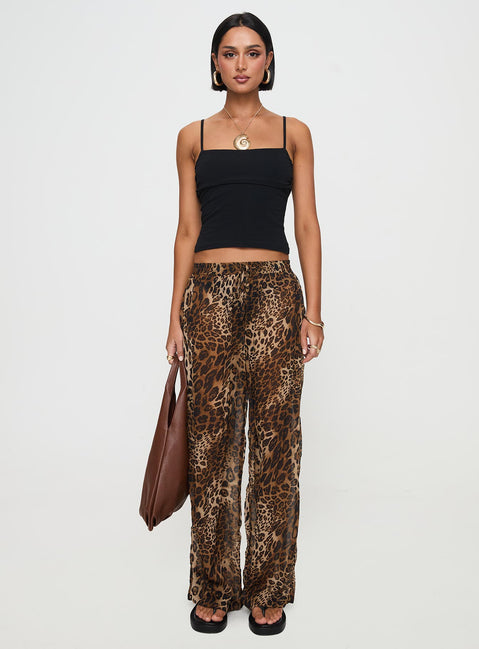 back view of model wearing Princess Polly Fyre Wide Leg Pant Leopard Petite Low Rise Pants 