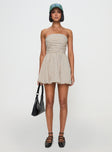 front view of model wearing Princess Polly Quinette Strapless Bubble Hem Mini Dress Beige Stripe Straight Neck 