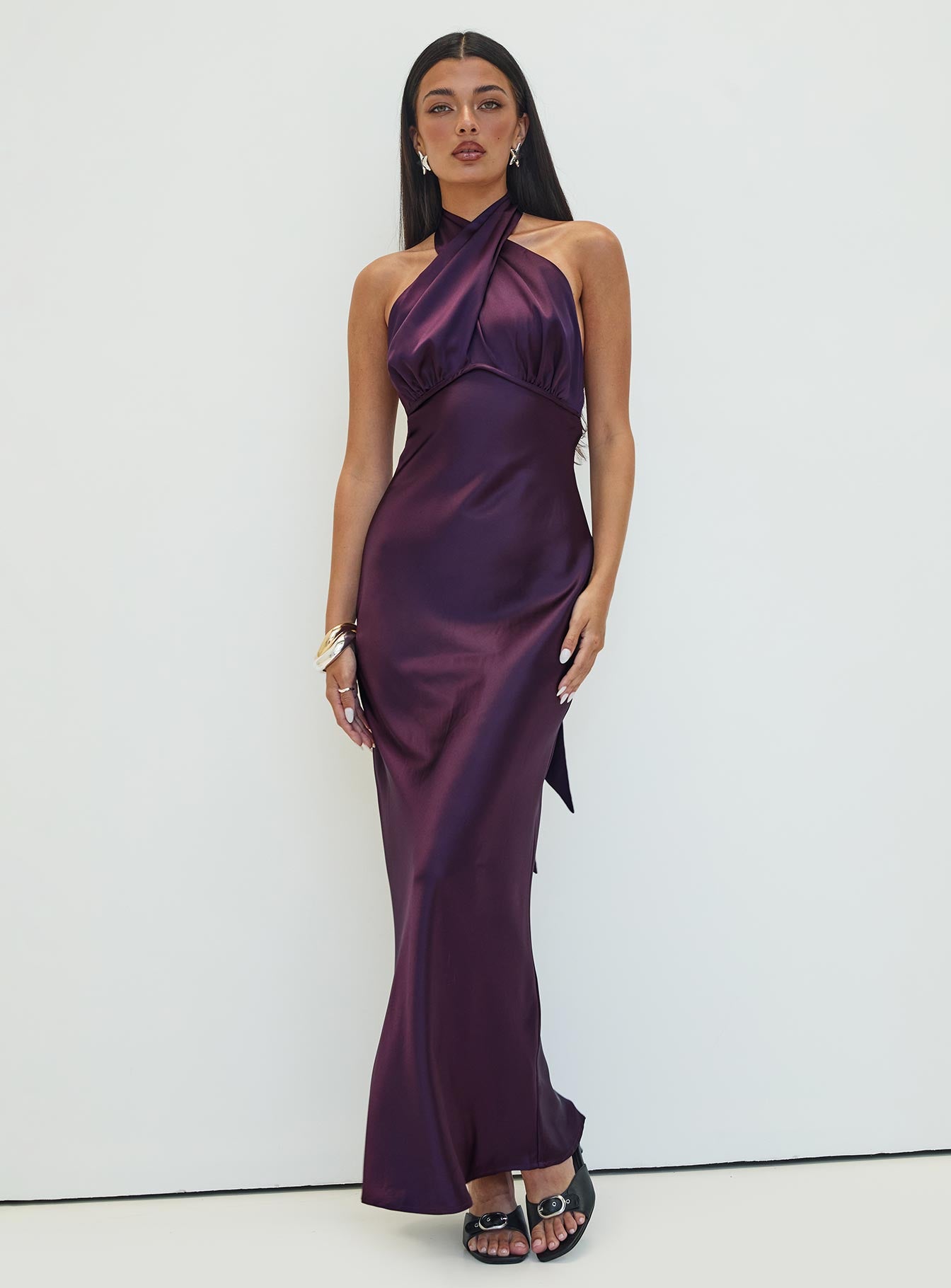 side view of model wearing Princess Polly Rosaminta Halter Maxi Dress Plum Petite High Neck 