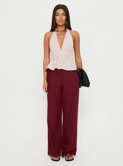 front view of model wearing Princess Polly Good Riddance Pleat Tie Slouch Pants Burgundy Mid Rise Pants 