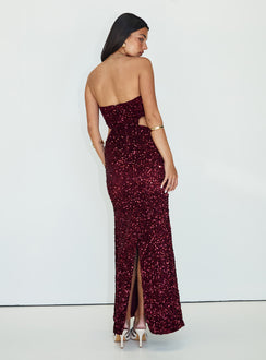 back view of model wearing Princess Polly Regalia Strapless Maxi Dress Burgundy Straight Neck 