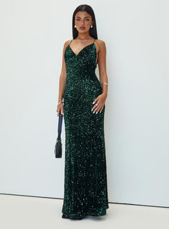 front view of model wearing Princess Polly Charlette Sparkle Maxi Dress Dark Green V-Neck 
